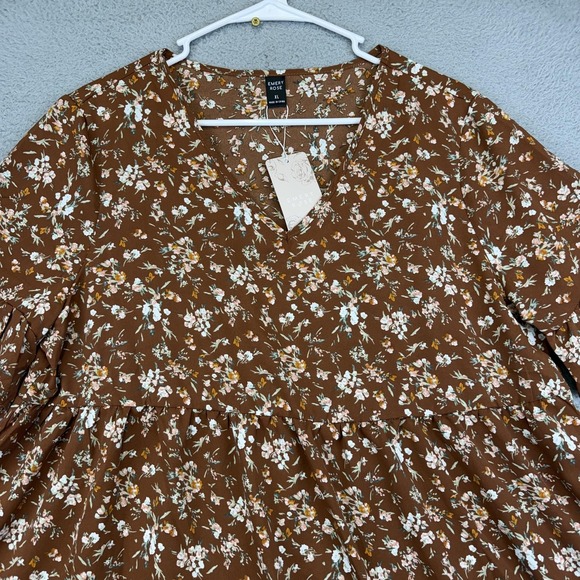Emery Rose Dress Womens XL Brown Floral Short Sleeve Ruffle Hem Swing V-Neck - Picture 2 of 13